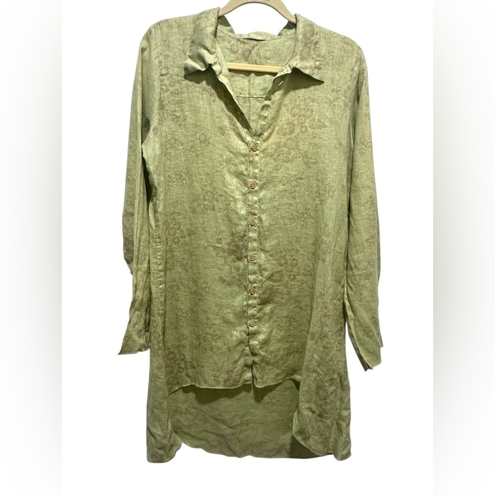 CP Shades Sage Green Beige Floral 100% Linen Tunic Dress size M